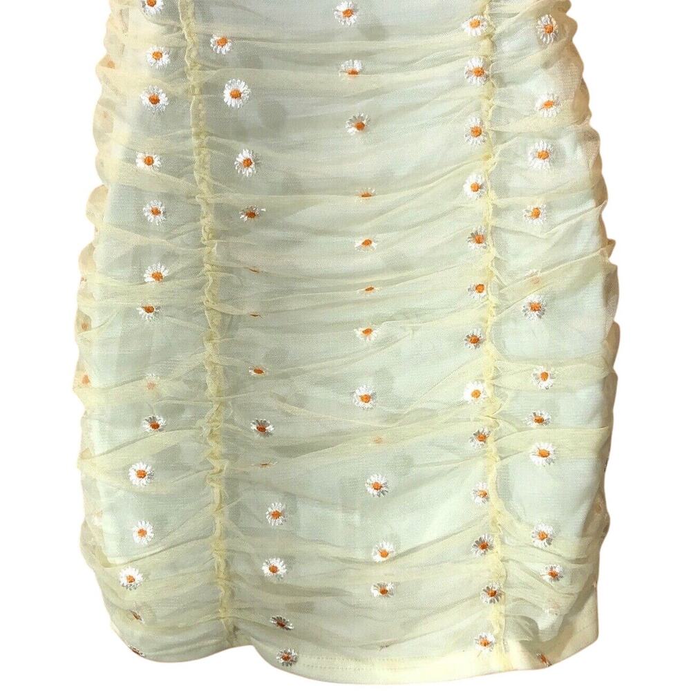 Yellow Daisy Ruched Mesh Mini Dress Small NEW Coquette Cottagecore Y2K FairyCore - Picture 8 of 12